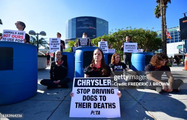 Activists, some chained to barrels mimicking the conditions of hundreds of dogs raised for the Iditarod, protest against Chrysler during the first...