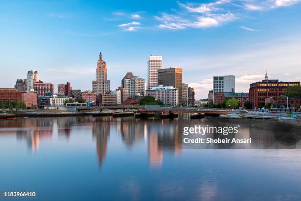 panoramic view of providence skyline at sunrise, rhode island - rhode island bridge stock pictures, royalty-free photos & images