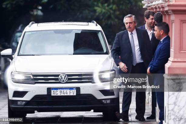 Newly elected president centre-left Peronist Alberto Fernandez leaves Casa Rosada after meeting incumbent Mauricio Macri on the day after the...