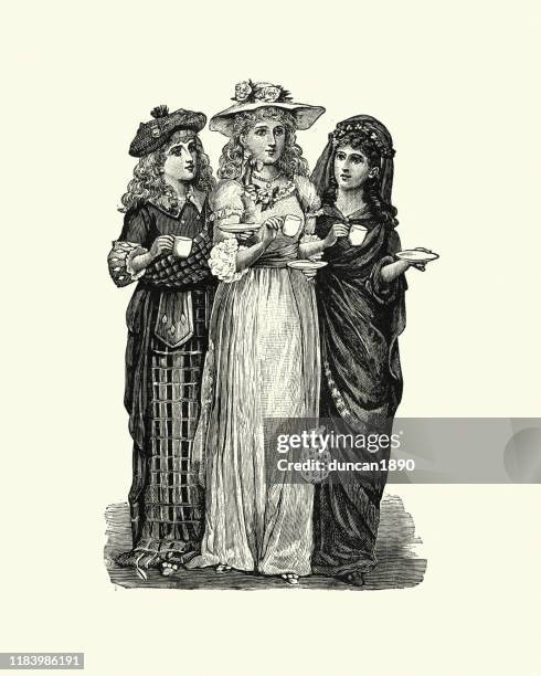 victorian ladies drinking cups of tea, 1890s, 19th century - drinking stock illustrations stock illustrations