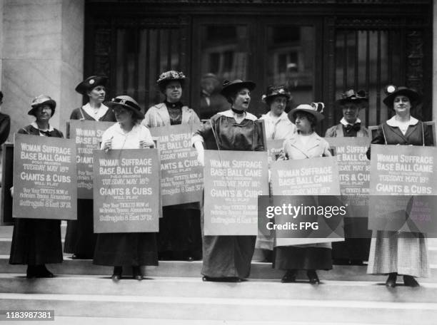 Group of suffragettes advertising the "Suffrage Day" baseball game between New York Giants and Chicago Cubs, May 1915; they are Lou Rogers, Abastenia...