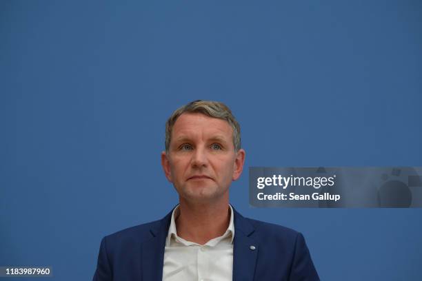 Bjoern Hoecke, Thuringia candidate of the right-wing Alternative for Germany , speaks to the media the day after state elections in Thuringia on...