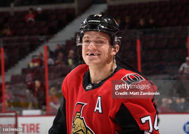 Mark Borowiecki of the Ottawa Senators looks on during warm up prior to a game against the New York Islanders at Canadian Tire Centre on October 25,...