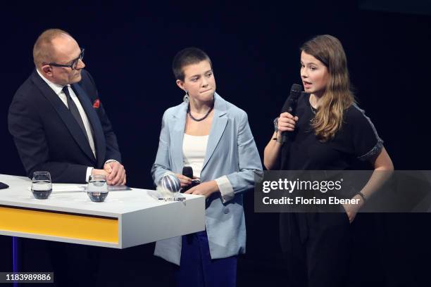 Stefan Schulze-Hausmann, Maira Kellers and Luisa Neubauer attend the German Sustainability Award at Maritim Hotel on November 22, 2019 in...