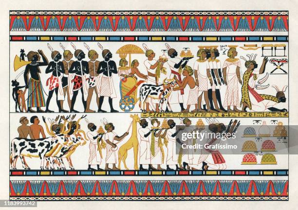 nubian tribal chiefs offering gifts to the egyptian king 1380 b.c - ancient-egyptian-culture stock illustrations