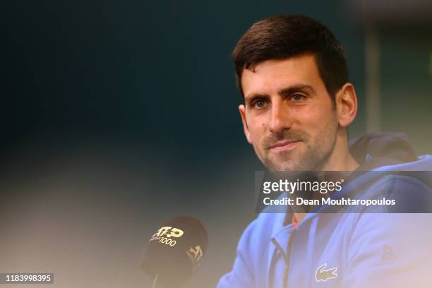 Novak Djokovic of Serbia speaks to the media at the official press conference on day 1 of the Rolex Paris Masters, part of the ATP World Tour Masters...