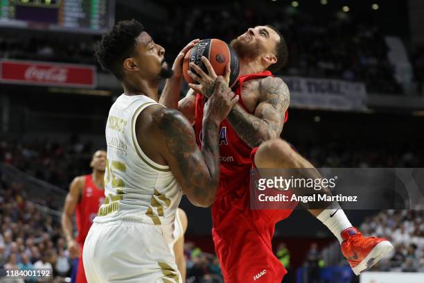 Mike James, #5 of CSKA Moscow competes with Jordan Mickey, #25 of Real Madrid during the 2019/2020 Turkish Airlines EuroLeague Regular Season Round...