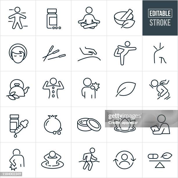ilustraciones, imágenes clip art, dibujos animados e iconos de stock de medicina alternativa iconos de línea delgada - trazo editable - yoga