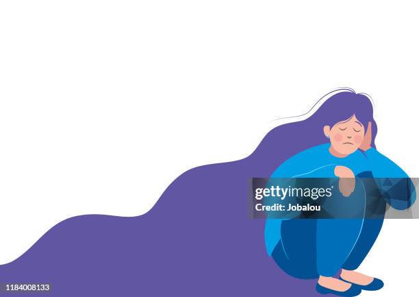 young unhappy girl sitting on the floor - head above water stock illustrations