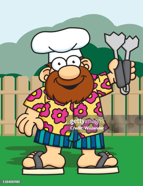 ilustrações, clipart, desenhos animados e ícones de homem com um garfo de churrasco - camisa havaiana