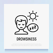 Drowsiness thin line icon. Abnormal sleepiness during the day. Illness symptom. Modern vector illustration.