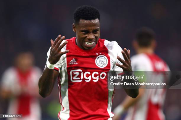 Quincy Promes of Ajax reacts to a missed chance on goal during the UEFA Champions League group H match between AFC Ajax and Chelsea FC at Amsterdam...