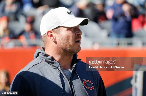 Former Chicago Bears player Brian Urlacher stands on the field prior to a game against the Los Angeles Chargers at Soldier Field on October 27, 2019...