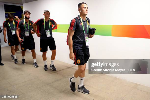 Team Spain arrives to the stadium before the FIFA U-17 World Cup Brazil 2019 group E match between Spain and Argentina at Estádio Kléber Andrade on...