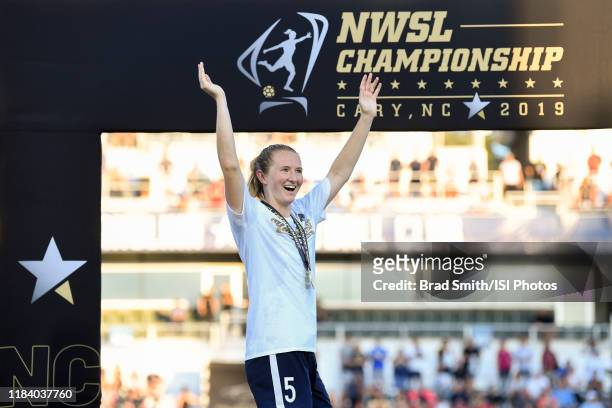 Samantha Mewis of the North Carolina Courage celebrates after a game between Chicago Red Stars and North Carolina Courage at Sahlen's Stadium at...