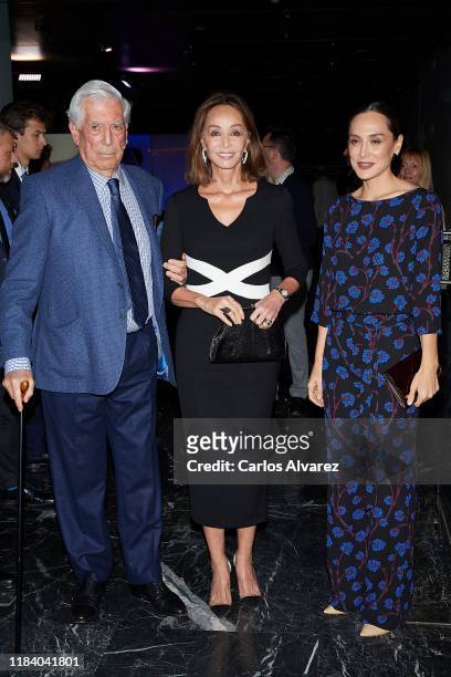 Mario Vargas Llosa, Isabel Preysler and Tamara Falco attend 'Tiempos Recios' new book presentation at Casa America on October 28, 2019 in Madrid,...