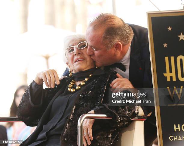 Pascal Vicedomini and Lina Wertmuller onstage at the ceremony honoring Lina Wertmuller with a Star on The Hollywood Walk of Fame held on October 28,...