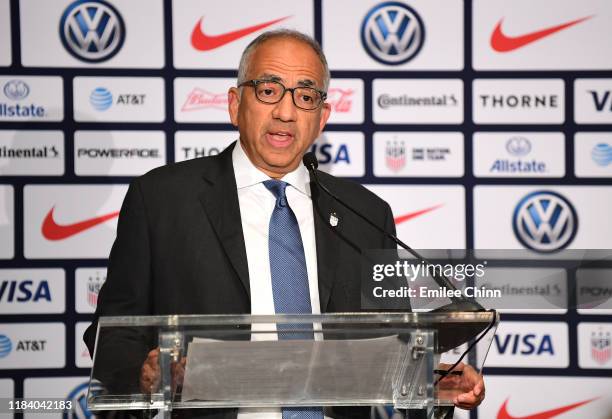 Carlos Cordeiro, U.S. Soccer President, speaks at a press conference where Vlatko Andonovski was introduced as the U.S. Women's National Team head...