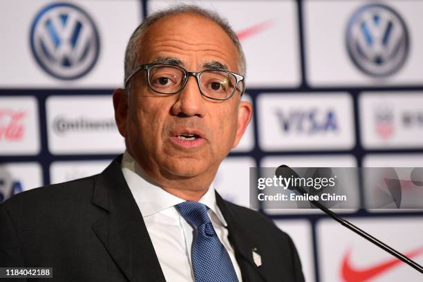 Carlos Cordeiro, U.S. Soccer President, speaks at a press conference where Vlatko Andonovski was introduced as the U.S. Women's National Team head...