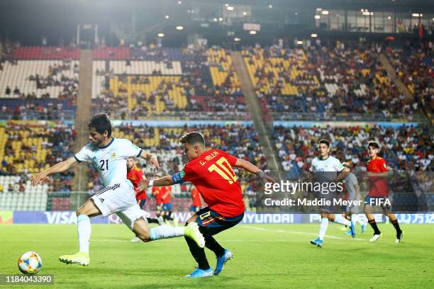 Luciano Vera of Argentina steals the ball from German Valera of Spain during the FIFA U-17 World Cup Brazil 2019 group E match between Spain and...