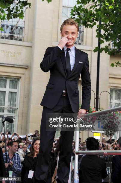 Actor Tom Felton arrives at the World Premiere of 'Harry Potter And The Deathly Hallows Part 2' in Trafalgar Square on July 7, 2011 in London,...