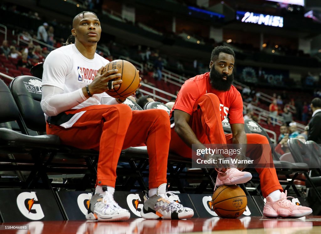 Russell Rockets Basketball Russell Westbrook of the Houston Rockets and James Harden sit on the ...