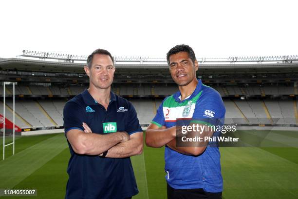 Blues coach Leon MacDonald and Warriors coach Stephen Kearney pose during a joint media opportunity with the Auckland Blues and the New Zealand...