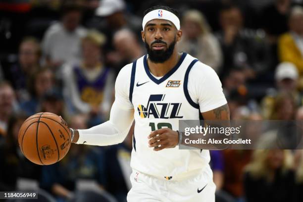 Mike Conley of the Utah Jazz in action during an opening night game against the Oklahoma City Thunder at Vivint Smart Home Arena on October 23, 2019...