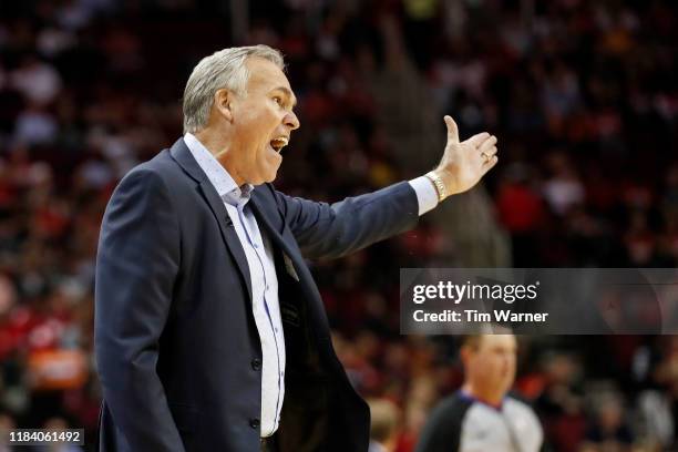 Head coach Mike D'Antoni of the Houston Rockets reacts in the first half against the Milwaukee Bucks at Toyota Center on October 24, 2019 in Houston,...