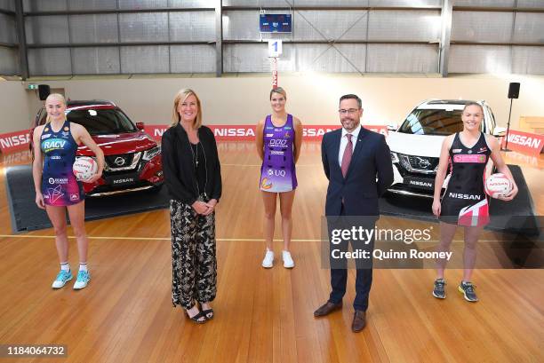 Australian Diamonds players Jo Weston, Netball Australia CEO Marne Fechner, Gretel Tippett of the Australian Diamonds, Nissan Australia Managing...