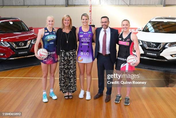 Australian Diamonds players Jo Weston, Netball Australia CEO Marne Fechner, Gretel Tippett of the Australian Diamonds, Nissan Australia Managing...