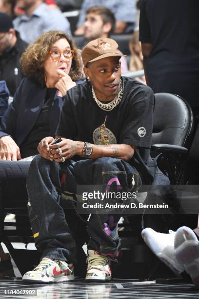 Rapper, Travis Scott, attends a game between the Houston Rockets and the LA Clippers on November 22, 2019 at STAPLES Center in Los Angeles,...