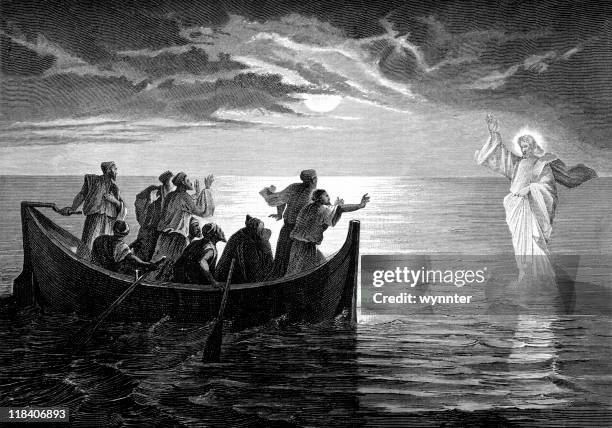 jesus christ walks on water - miracle stock illustrations
