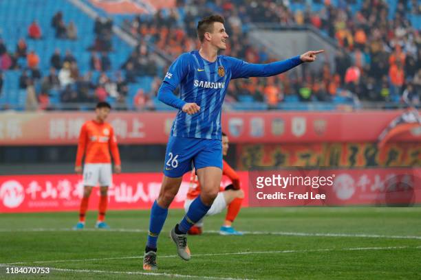 Ivan Santini of Jiangsu Suningi celebrates after scoring his team's goal during the 2019 China Super League between Beijing Renhe and Jiangsu Sunning...