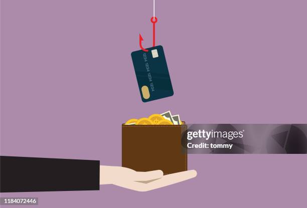 a fishing hook stealing credit card from a wallet - debit card fraud stock illustrations