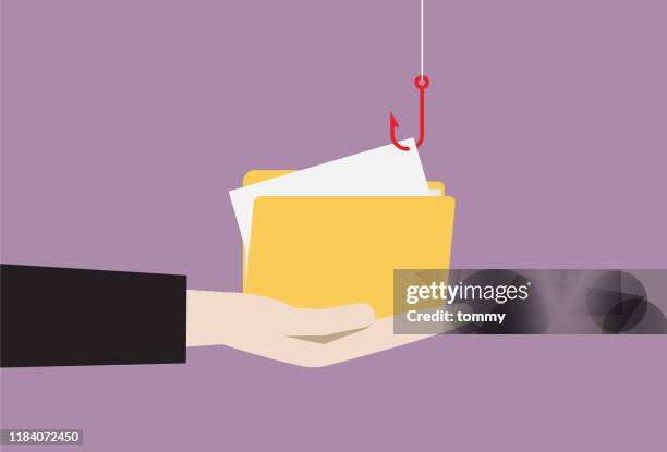 hacker uses a red fishing hook is stealing a file - stealing mail stock illustrations
