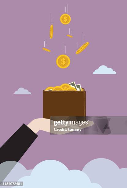 us dollar coin falling to businessman wallet - wallet money stock illustrations