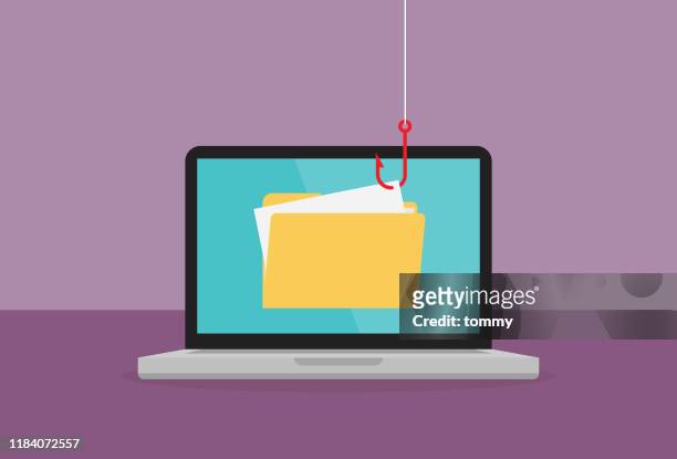 hacker verwendet einen roten angelhaken stiehlt eine datei von laptop - computer crime stock-grafiken, -clipart, -cartoons und -symbole