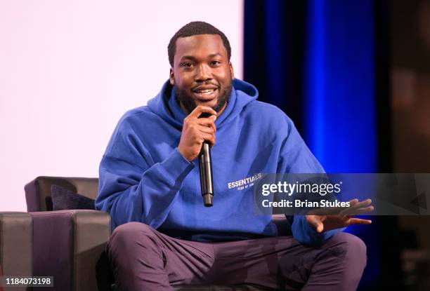 Meek Mill onstage during Criminal Justice Town Hall On Policing at Community College of Philadelphia on October 28, 2019 in Philadelphia,...