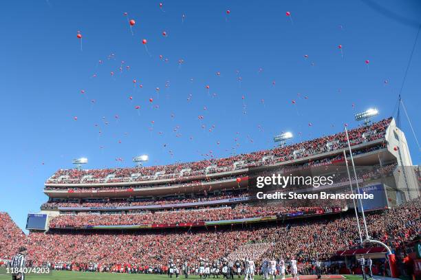 Fans of the Nebraska Cornhuskers release balloons after the first score against the Indiana Hoosiers at Memorial Stadium on October 26, 2019 in...