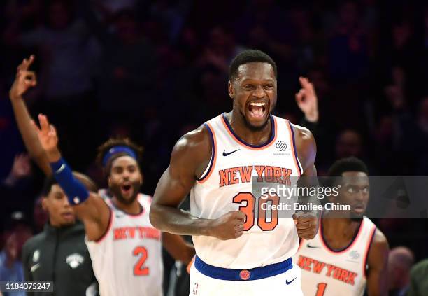 Julius Randle of the New York Knicks reacts during the second half against the Chicago Bulls at Madison Square Garden on October 28, 2019 in New York...