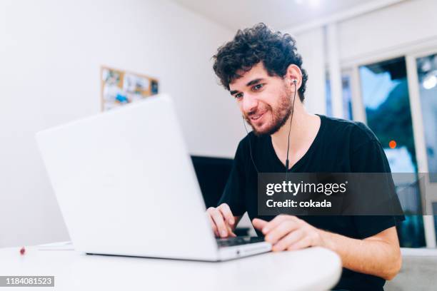 happy young man using laptop working at home - pardo brazilian stock pictures, royalty-free photos & images