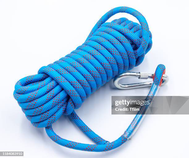ฺclimbing rope, blue color rope on white background - nylon foto e immagini stock
