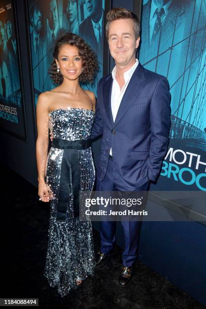 Gugu Mbatha-Raw and Edward Norton arrive at Premiere Of Warner Bros Pictures' 'Motherless Brooklyn' on October 28, 2019 in Los Angeles, California.