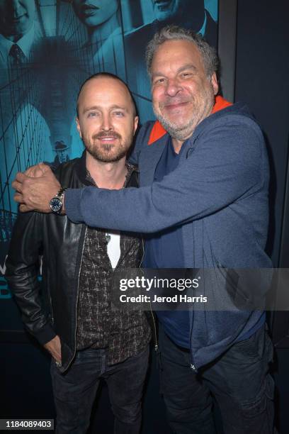 Aaron Paul and Jeff Garland arrive at Premiere Of Warner Bros Pictures' 'Motherless Brooklyn' on October 28, 2019 in Los Angeles, California.