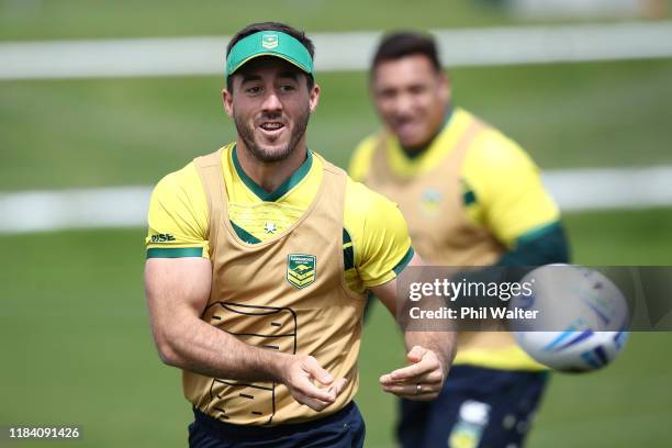 Ben Hunt passes during an Australia Kangaroos Rugby League training session at QBE Stadium on October 29, 2019 in Auckland, New Zealand.