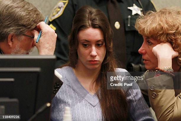 Casey Anthony sits with her attorneys Cheney Mason and Dorothy Clay Sims before the start of her sentencing hearing on charges of lying to a law...