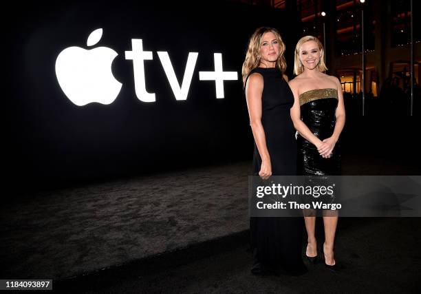Jennifer Aniston and Reese Witherspoon attend the Apple TV+'s "The Morning Show" World Premiere at David Geffen Hall on October 28, 2019 in New York...