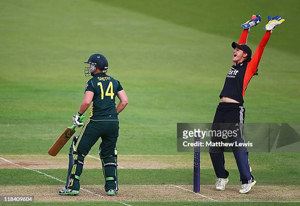 Sarah Taylor of England celebrates catching Clea Smith of Australia off the bowling of Arran Brindle during the NatWest Women's Quadrangular Series...