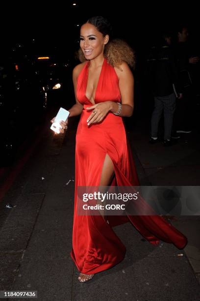 Amber Gill seen leaving the Pride of Britain Awards at the Grosvenor hotel in Mayfair on October 28, 2019 in London, England.
